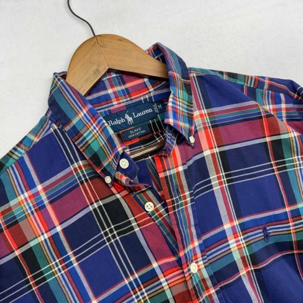 Vintage Ralph Lauren Shirt Mens Medium Blue Blake Plaid Lightweight Oxford 90s
